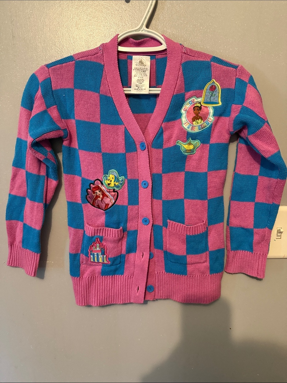 Disney Pink and Blue Checkerboard Patch Cardigan Sweater